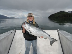 Captain Vicky Wassberg with King Salmon Catch
